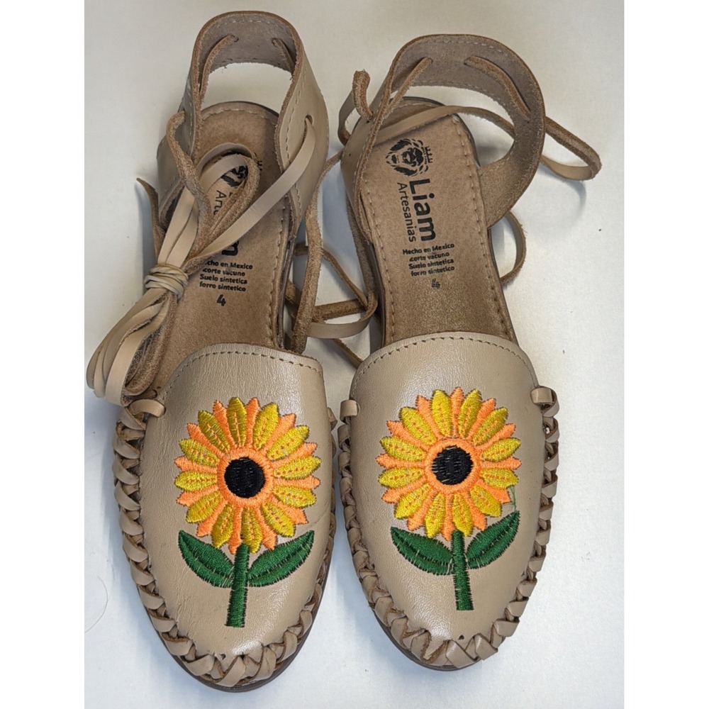 Embroidered‎ Sunflower Huarache Mexican Sandal Lace Up Sz USA 6.5/7 Mexico 4